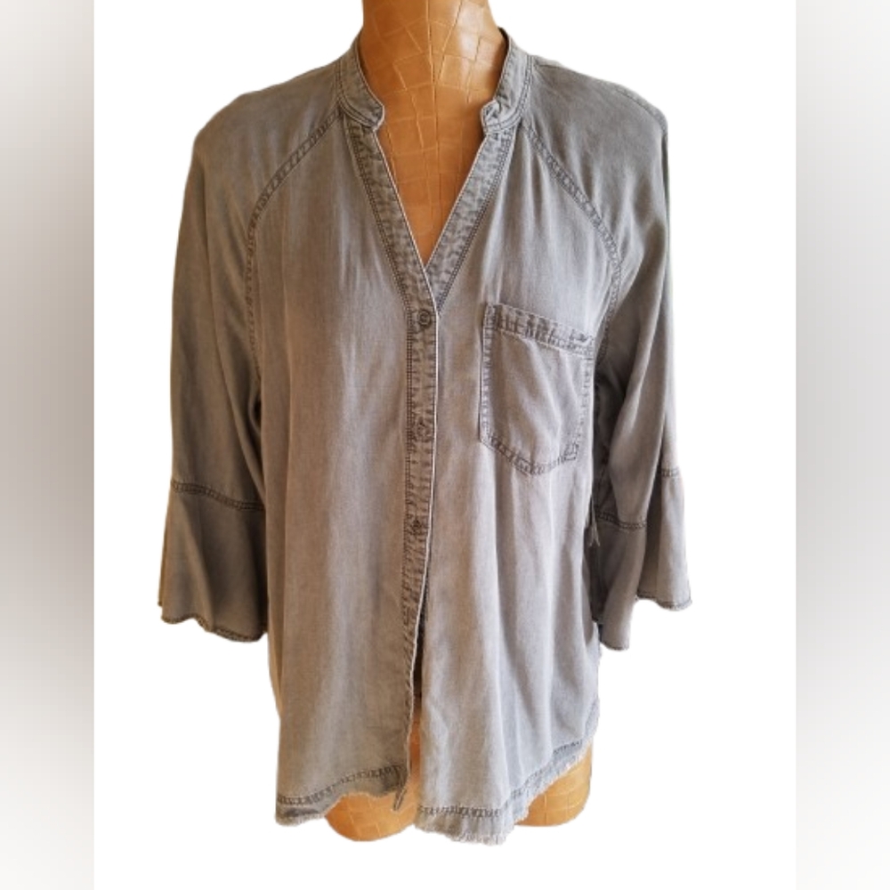 NWT Distressed-look, Grey Button Front Blouse